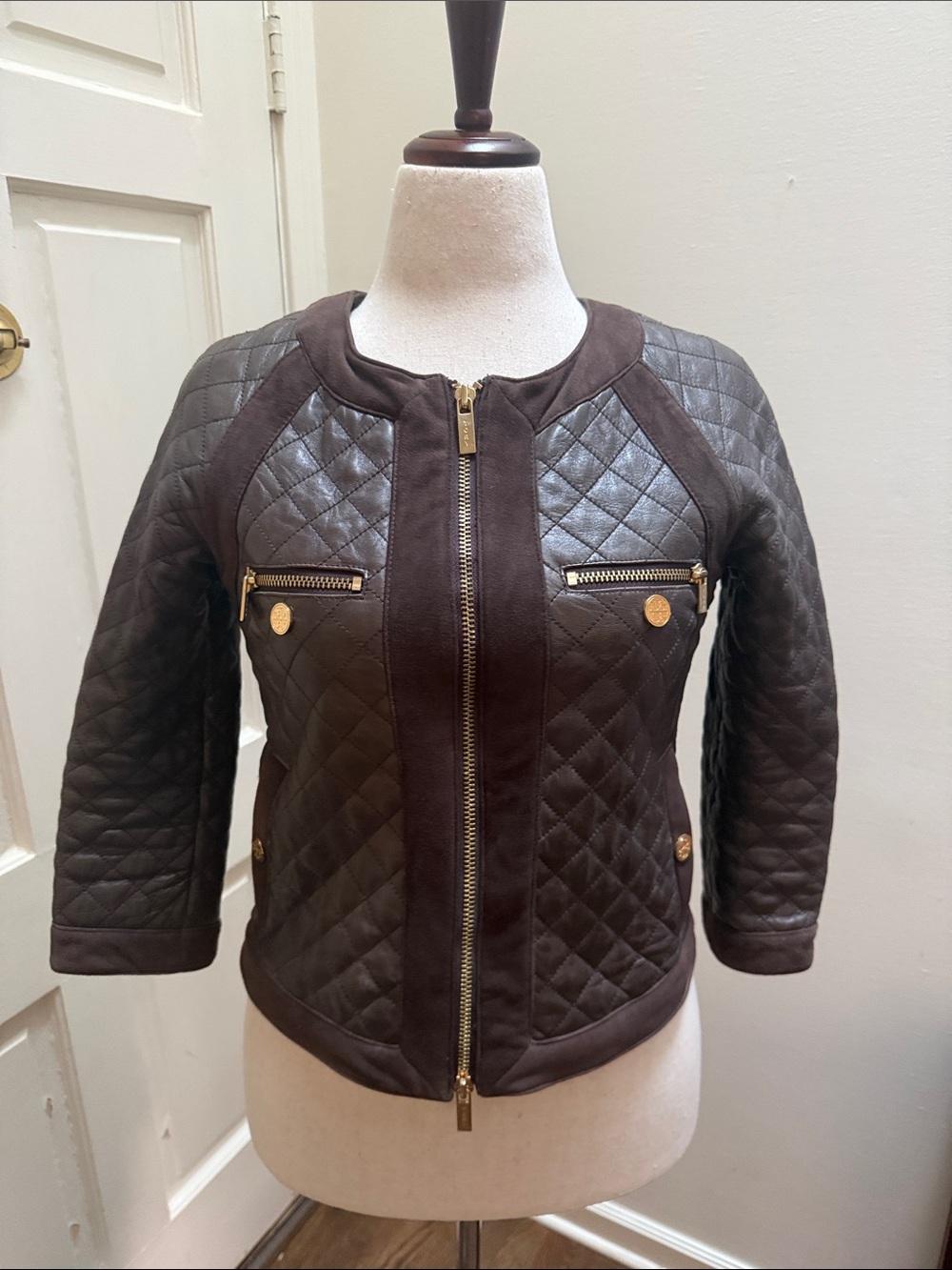 Tory Burch Quilted Brown Leather Zip-Front Jacket